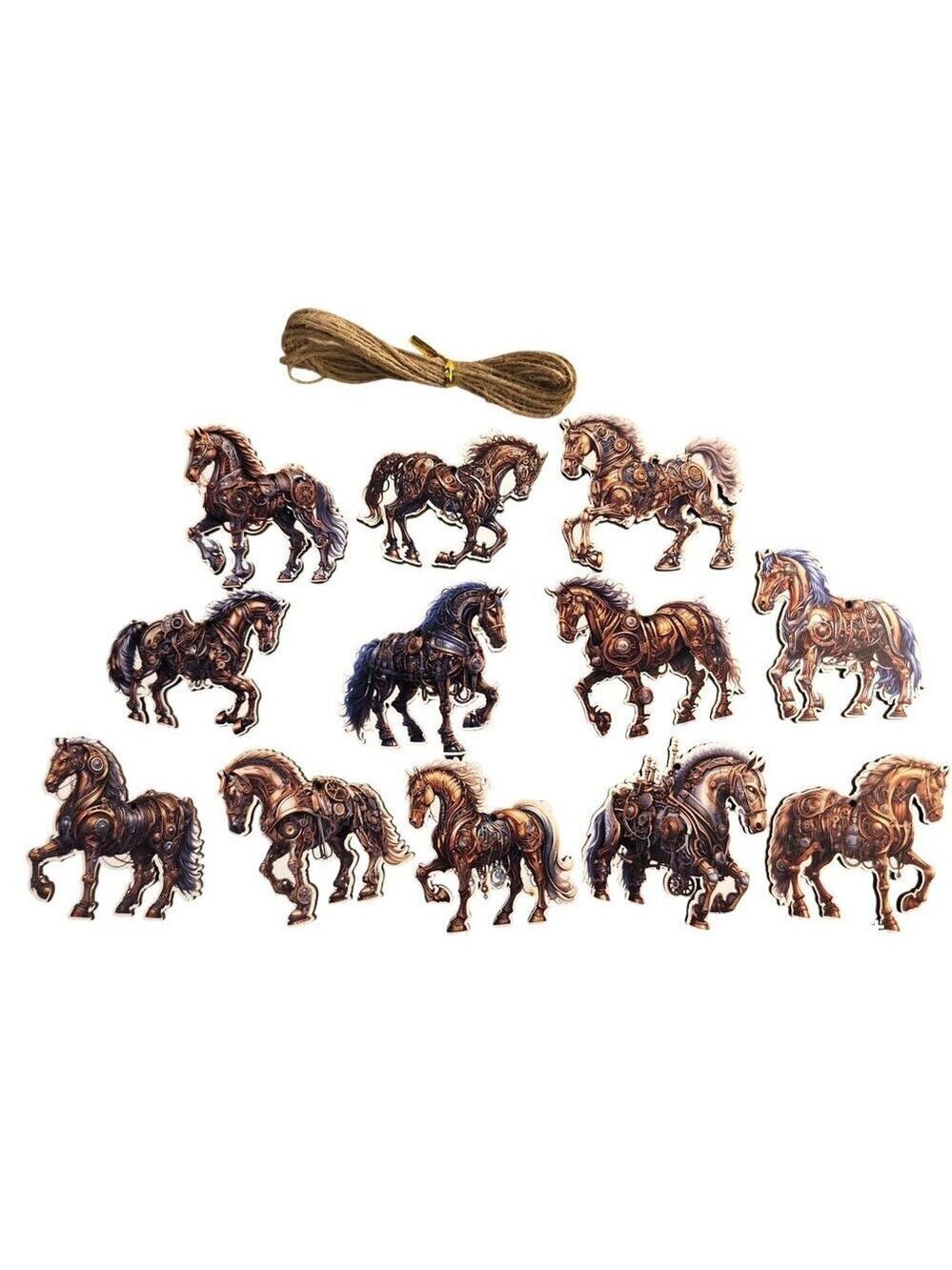 Wooden Horse Ornaments Set Of 12 Laser Cut Steampunk Rope